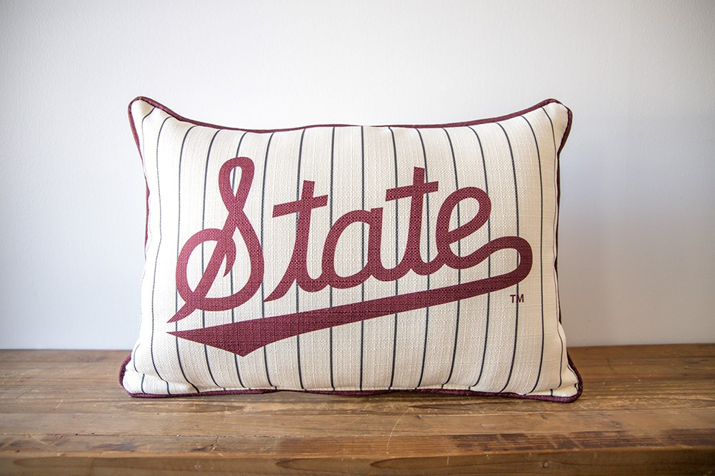 State Script Baseball Pinstripe Pillow | Little Birdie | Little Birdie