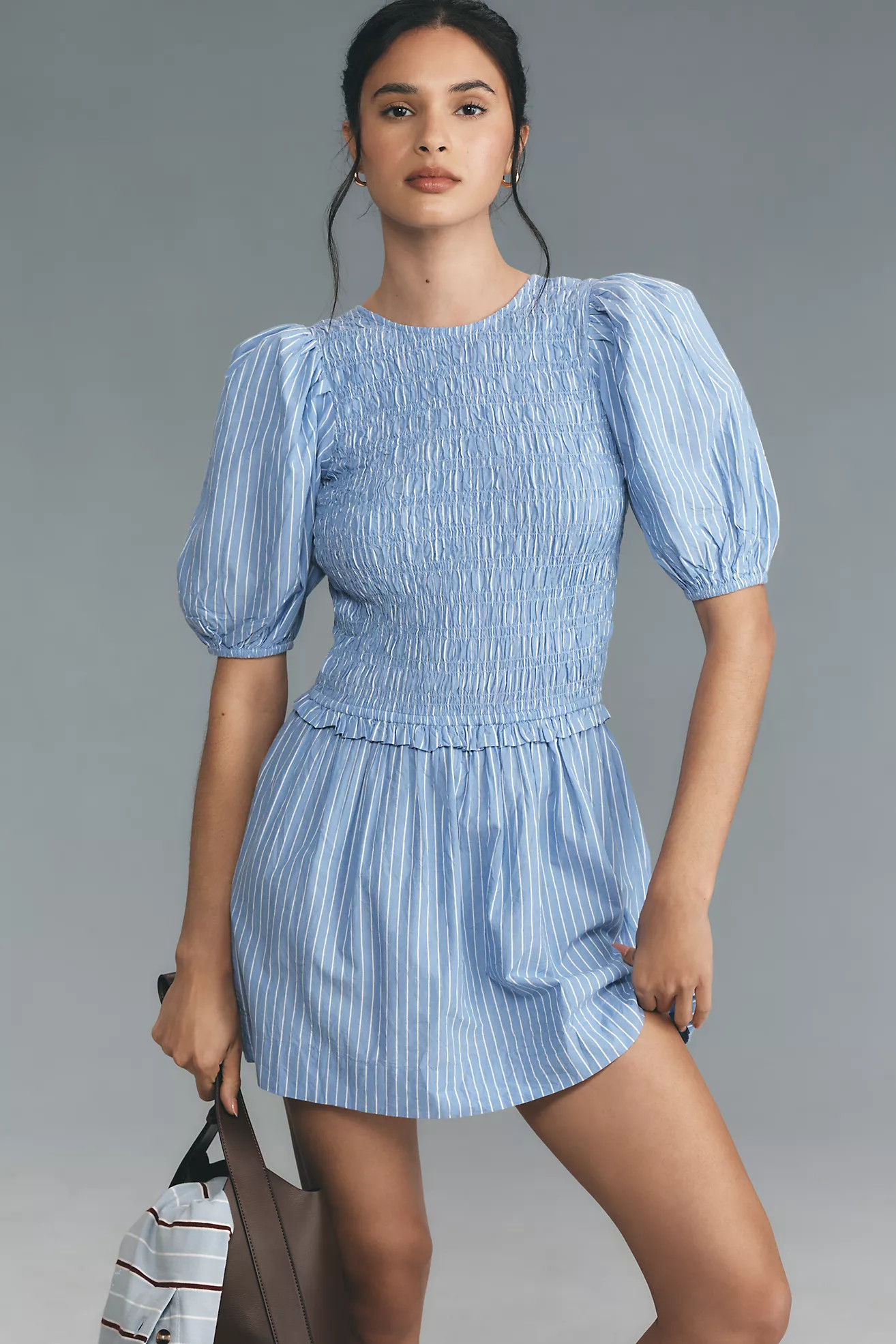 Damson Madder Bluebelle Puff-Sleeve Shirred Mini Dress | Anthropologie (US)
