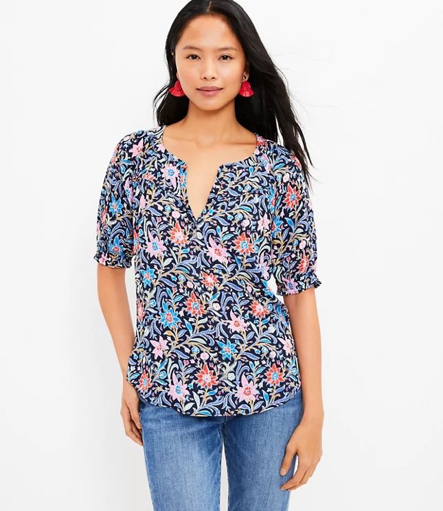 Spring Bloom Split Neck Mixed Media Top | LOFT