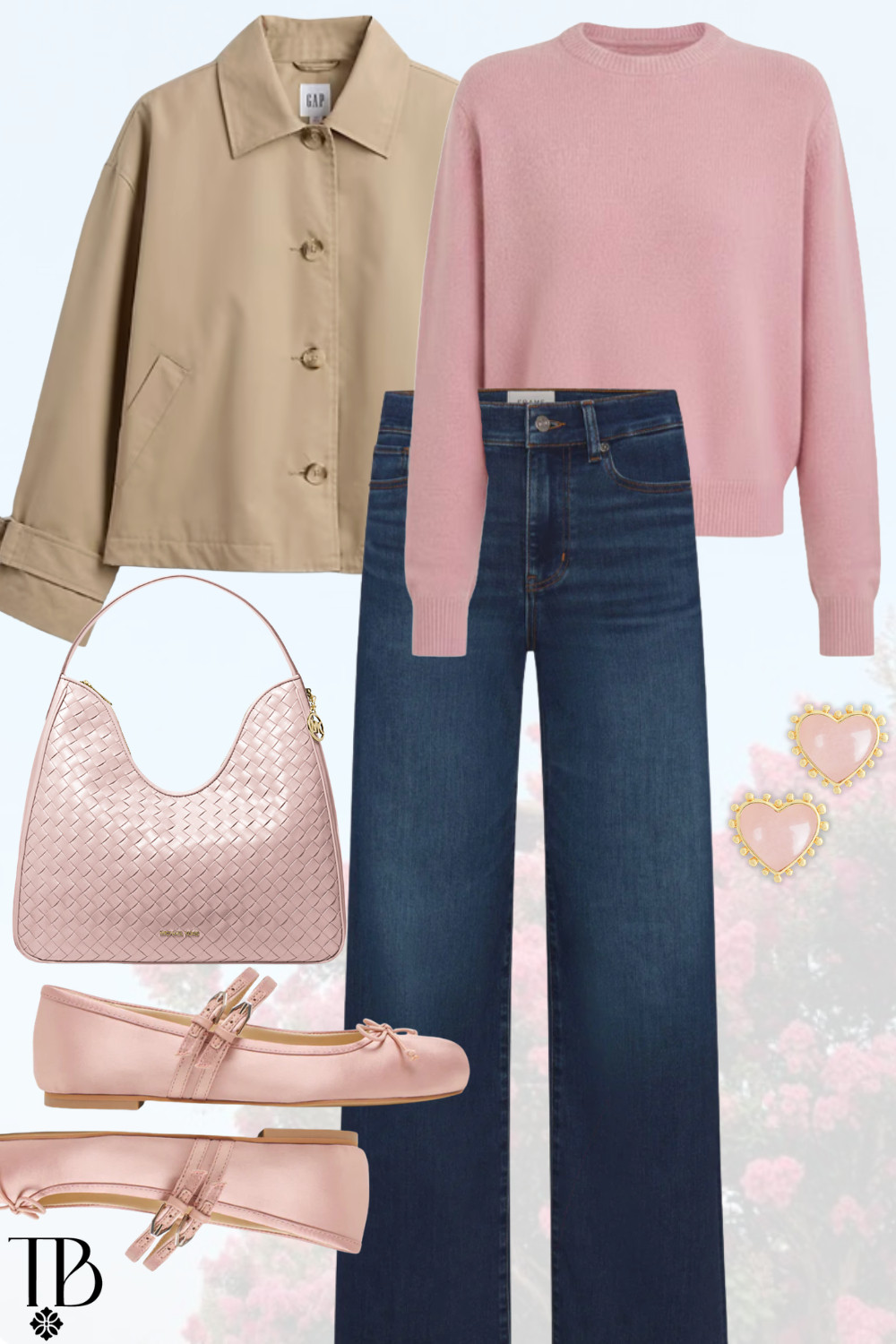 Soft pink sweater styled with wide-leg dark wash jeans, a neutral jacket, blush ballet flats, a pink woven handbag, and heart earrings for an effortless everyday outfit.

 

 #LTKdayinmylife #LTKootd #LTKSeasonal