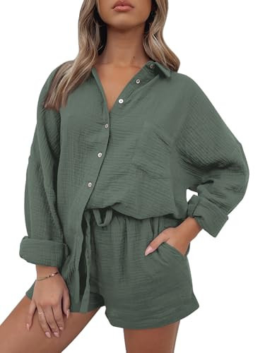 AUTOMET 2 Piece Sets For Women Lounge Wear Matching Two Piece Pajama Fashion Oversized Shirts And Shorts Spring Outfit 2026 01ArmyGreen L | Amazon (US)