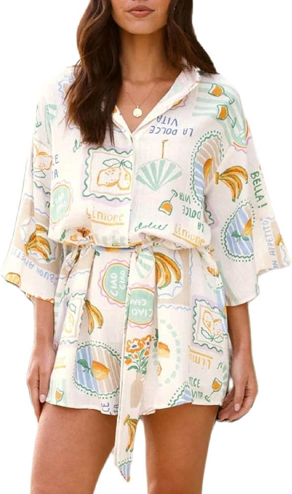 UAURORAO Women Tropical Button Down Romper Short Sleeve Boho Printed Flowy Short Jumpsuit Oversiz... | Amazon (US)