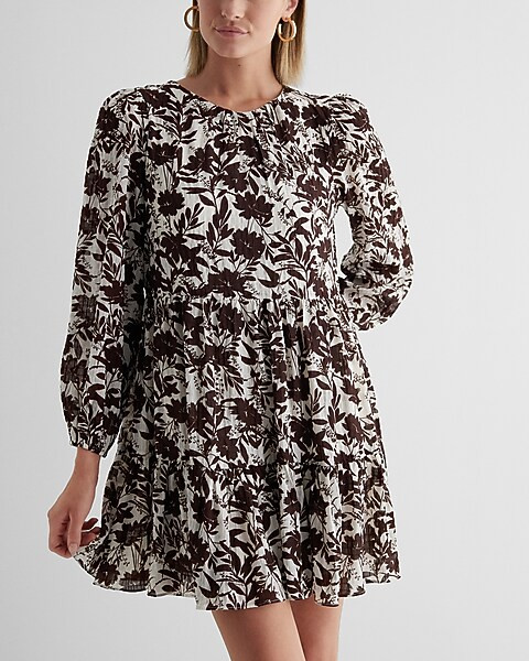 Floral Crew Neck Long Sleeve Mini Shift Dress | Express