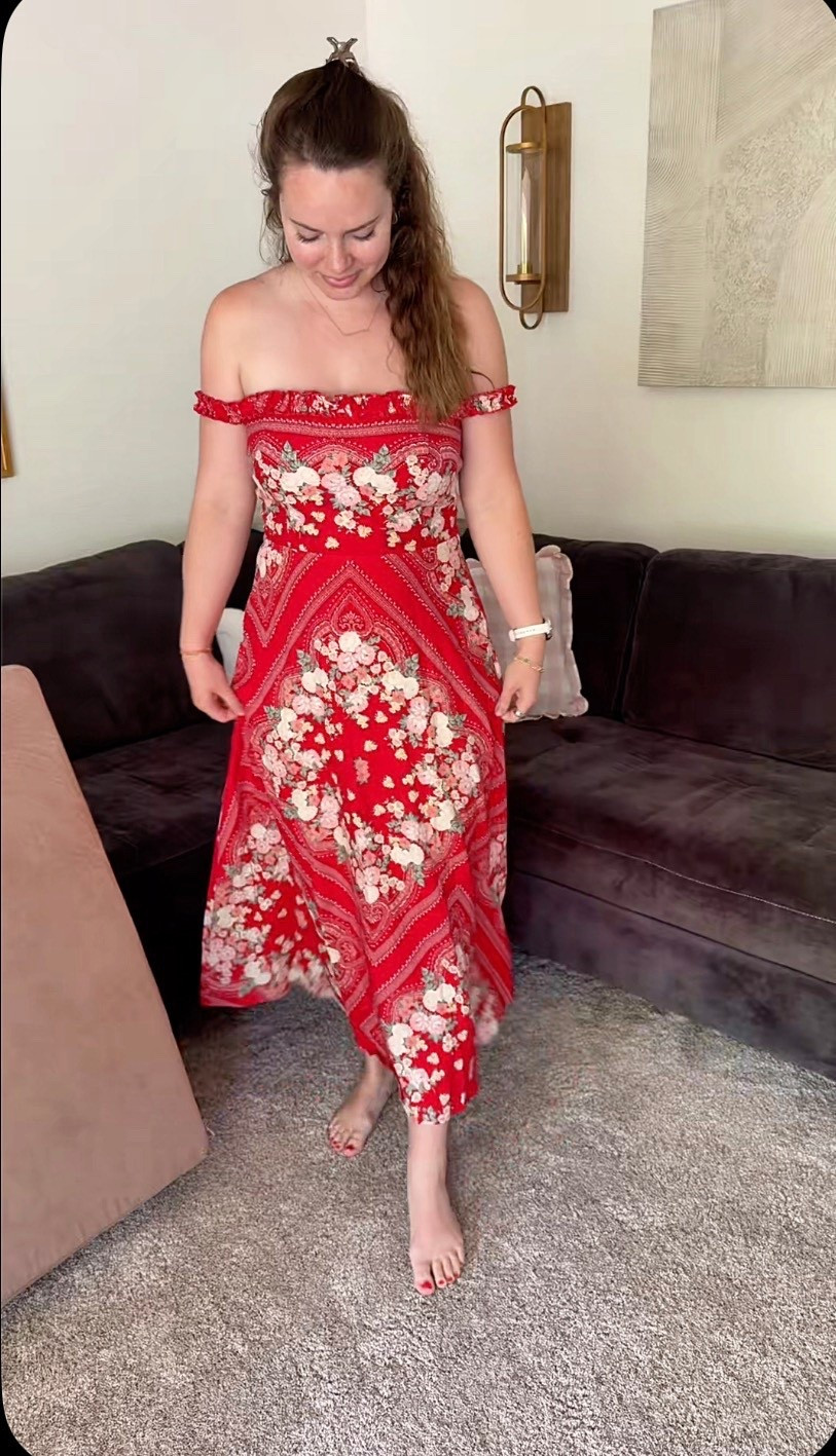 Wearing this geranium, oyster, rosewood & apple jade dress to a formal garden wedding in May! You can wear the straps up on your shoulders or off like I am in the picture. Super easy to move in 🍂❤️ 

Wearing size M here! 

#LTKWedding #LTKSeasonal #LTKMidsize