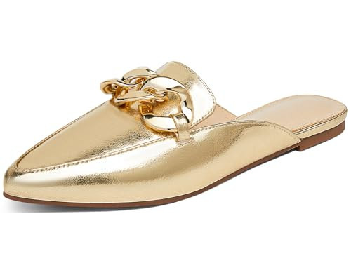 Juliet Holy Womens Mules Flats Pointed Toe Backless Loafers Slip on Metal Chain Slides Gold | Amazon (US)