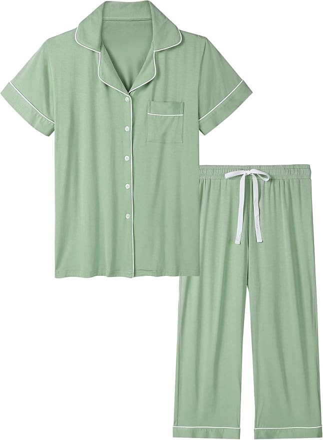 Joyaria Women Capri Pajamas Set Bamboo Viscose Pjs Short Sleeve Button Down Sleepwear | Amazon (US)