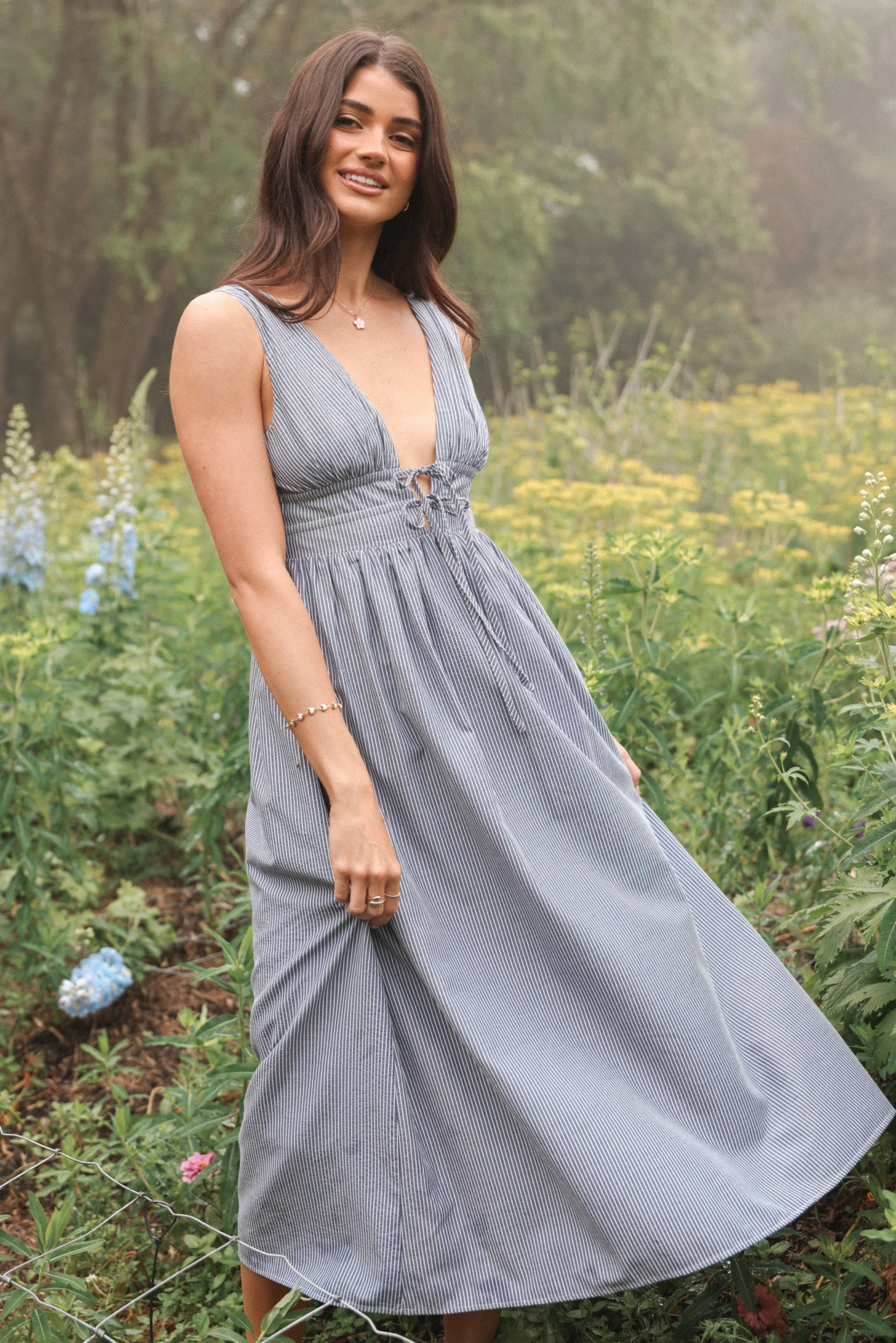 Annora Midi Dress - Navy Pinstripe | Petal & Pup (US)