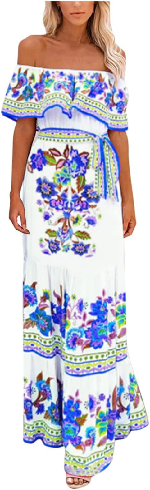 Mexican Dress for Women Off The Shoulder Ethnic Print Summer Maxi Dresses Ruffle Collar Party Cas... | Amazon (US)