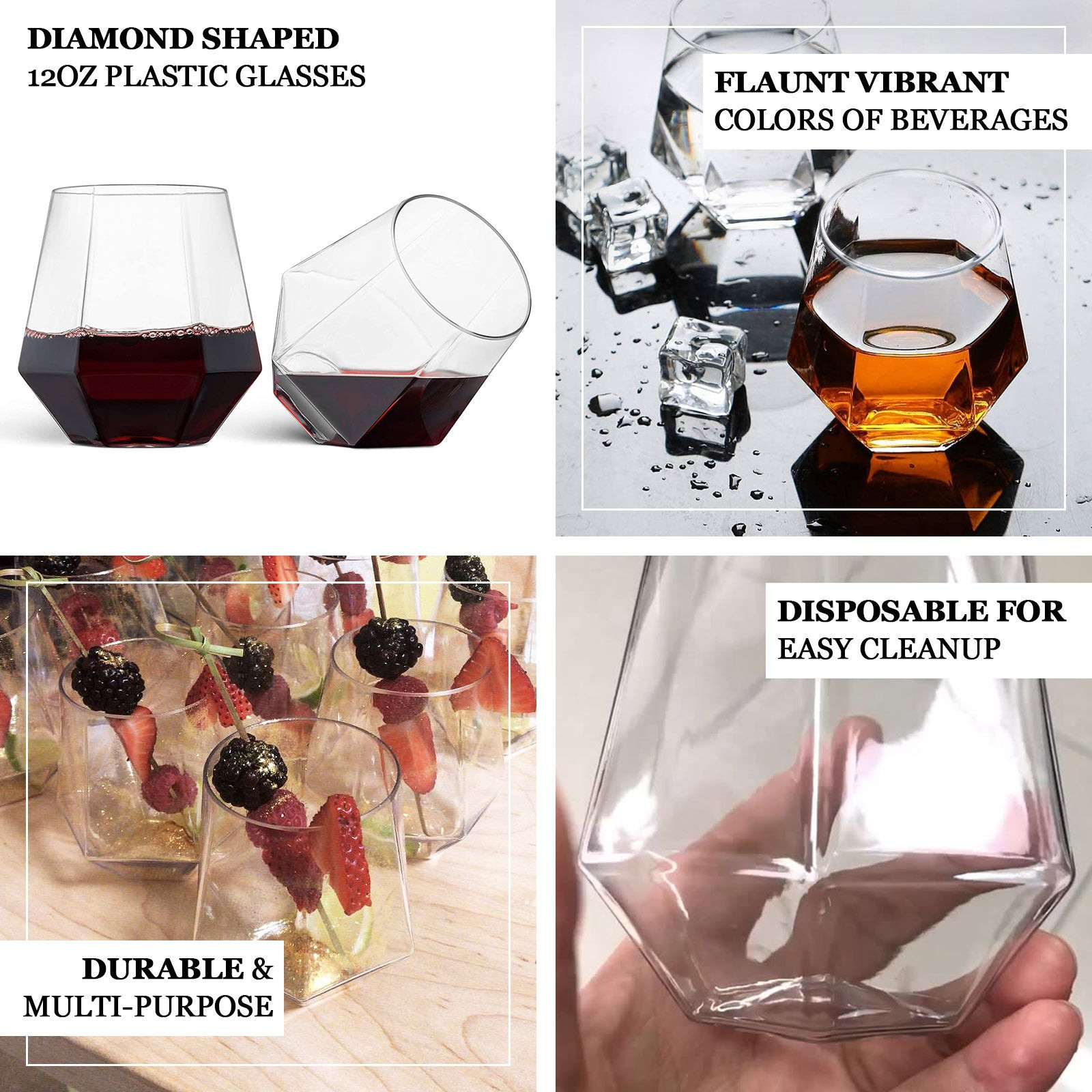 Efavormart 12 Pack | Diamond Shaped 12oz Plastic Stemless Wine Glasses, Clear Disposable Shatterp... | Walmart (US)