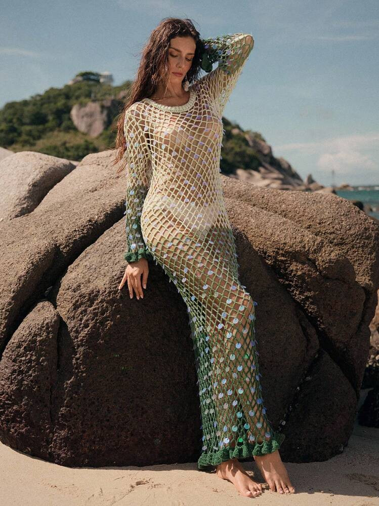 Anewsta Women Summer Vacation Beach Ombre Fishnet Sequin Fishtail Hem Cover Up Dress | SHEIN
