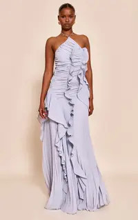 Blue Grey Pleated Frill Halterneck Maxi Dress | PrettyLittleThing UK