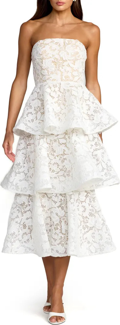 Women's Strapless Lace Tiered Floral Detail Midi Dress | Nordstrom