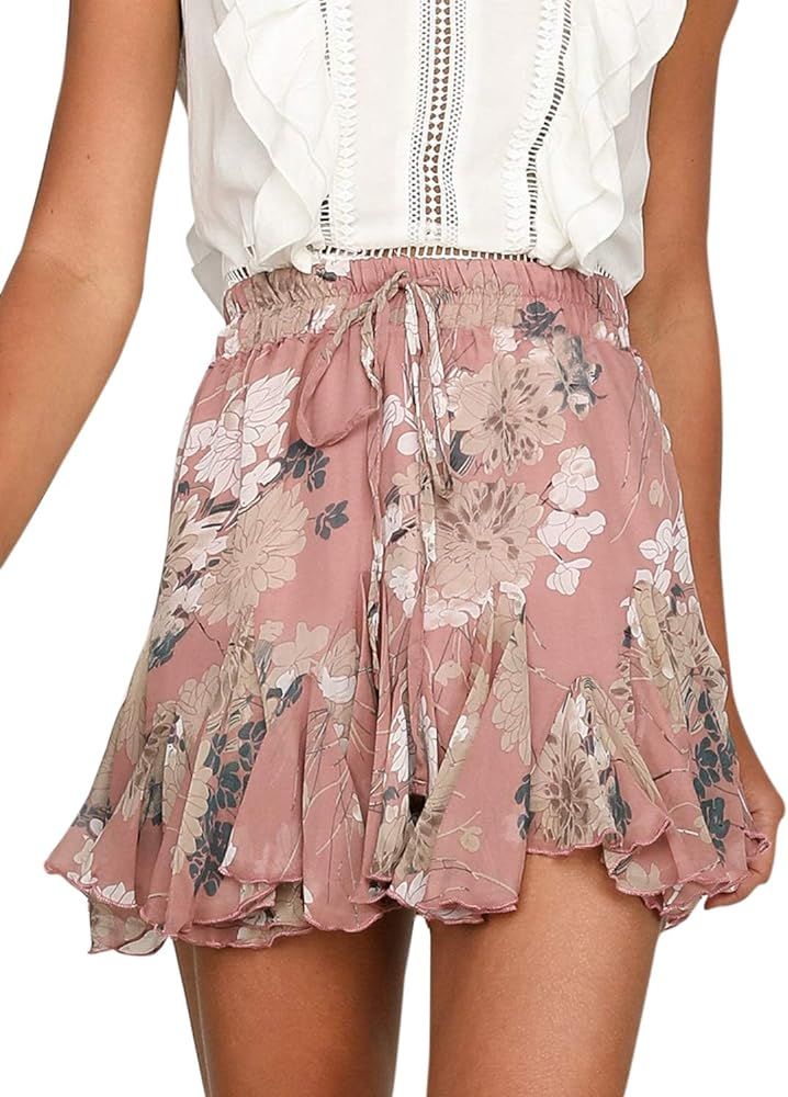 Women's High Waist A Line Mini Skirt Pleated Ruffle Cute Beach Short Skirt | Amazon (US)