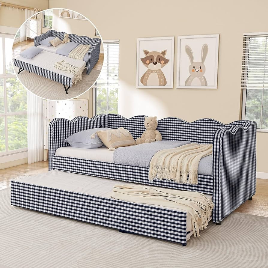 Twin Size Daybed with Pop Up Trundle, Linen Gingham Twin to King Daybed with USB Ports, Upholster... | Amazon (US)