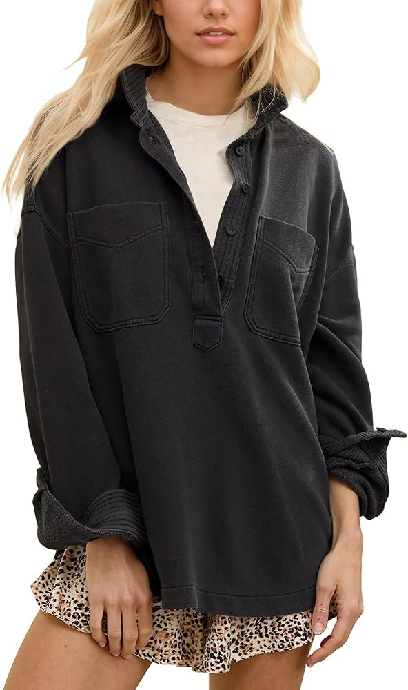 Gacaky Sweatshirt for Women Oversized Casual Long Sleeve Polo V Neck Split Pullover Tops Fashion ... | Amazon (US)