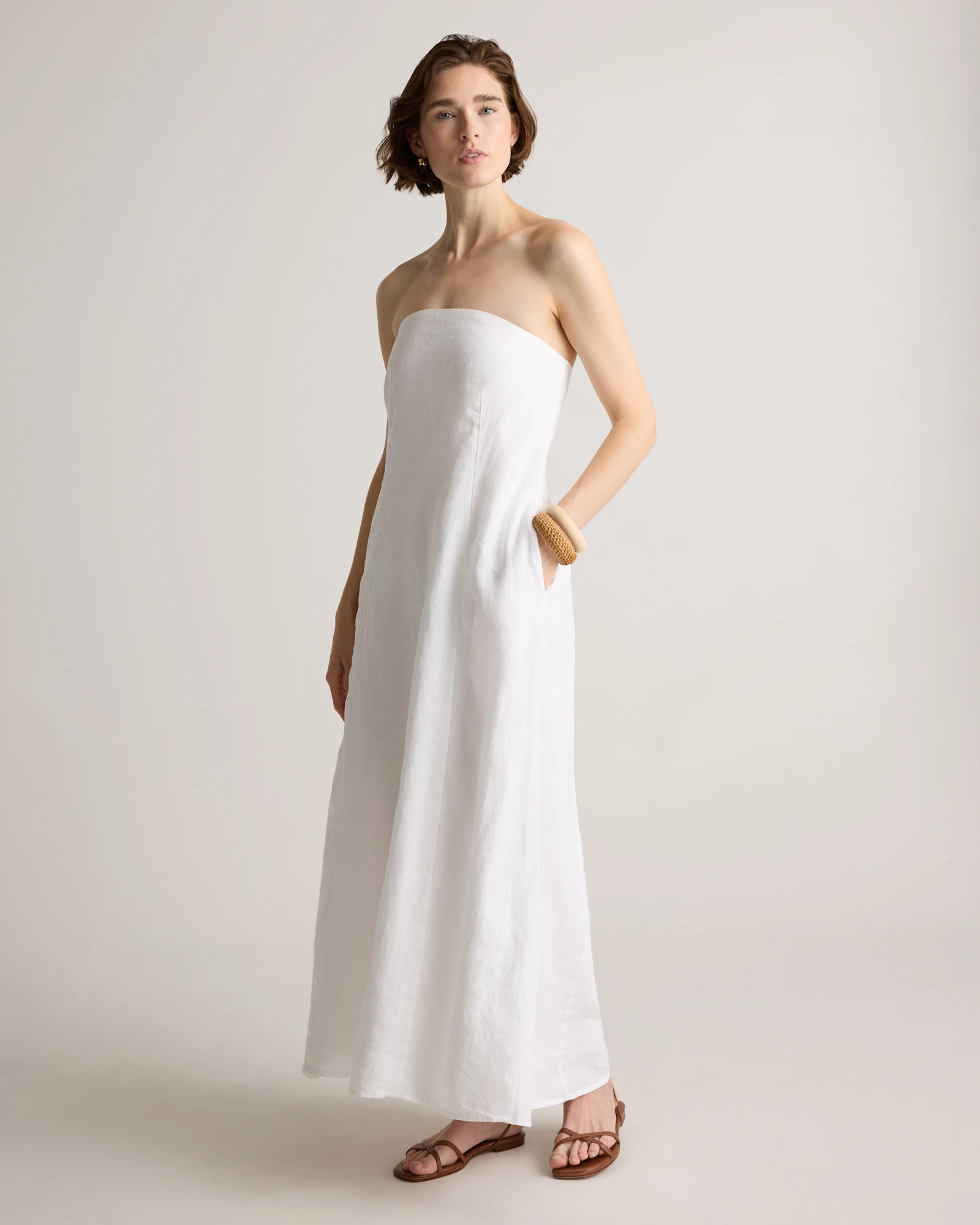 Quince | Women's 100% European Linen Strapless Maxi Dress in Blue Pinstripe, Size Large | Quince
