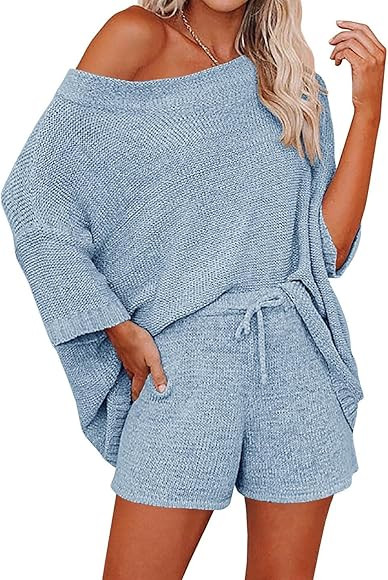 Ermonn Womens 2 Piece Outfits Sweater Sets Off Shoulder Knit Tops Waist Short Suits Casual Pajama... | Amazon (US)
