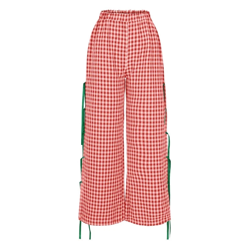 Nmnitkp Cargo Pants Women Popular Style Women Y2k Plaid Print Long Pants Side Tie Bow Wide Leg Pa... | Walmart (US)