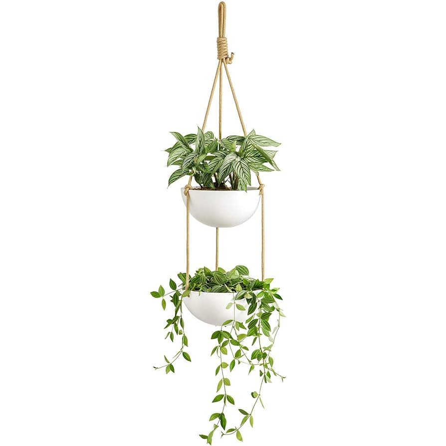 Mkono 9 Inch Ceramic Double Hanging Planter 2 Tier Round Flower Plant Pot Porcelain Hanging Baske... | Amazon (US)