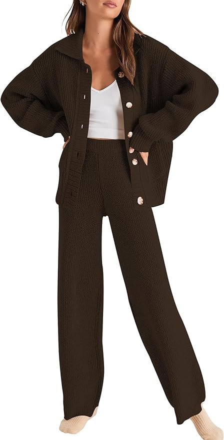 Cakulo Womens 2025 Lounge Sets 2 Piece Outfits Fall Button Sweater Matching Set Wide Leg Loungewe... | Amazon (US)