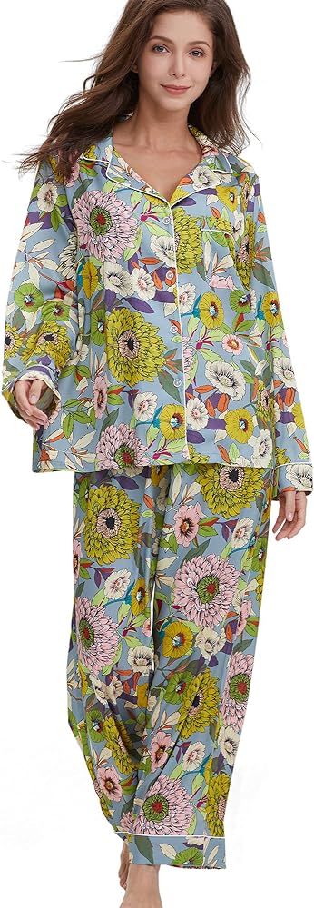 Womens Silk Satin Pajamas Set Button Down 2 Piece Pjs Long Sleeve Oversized Sleepwear with Pocket... | Amazon (US)