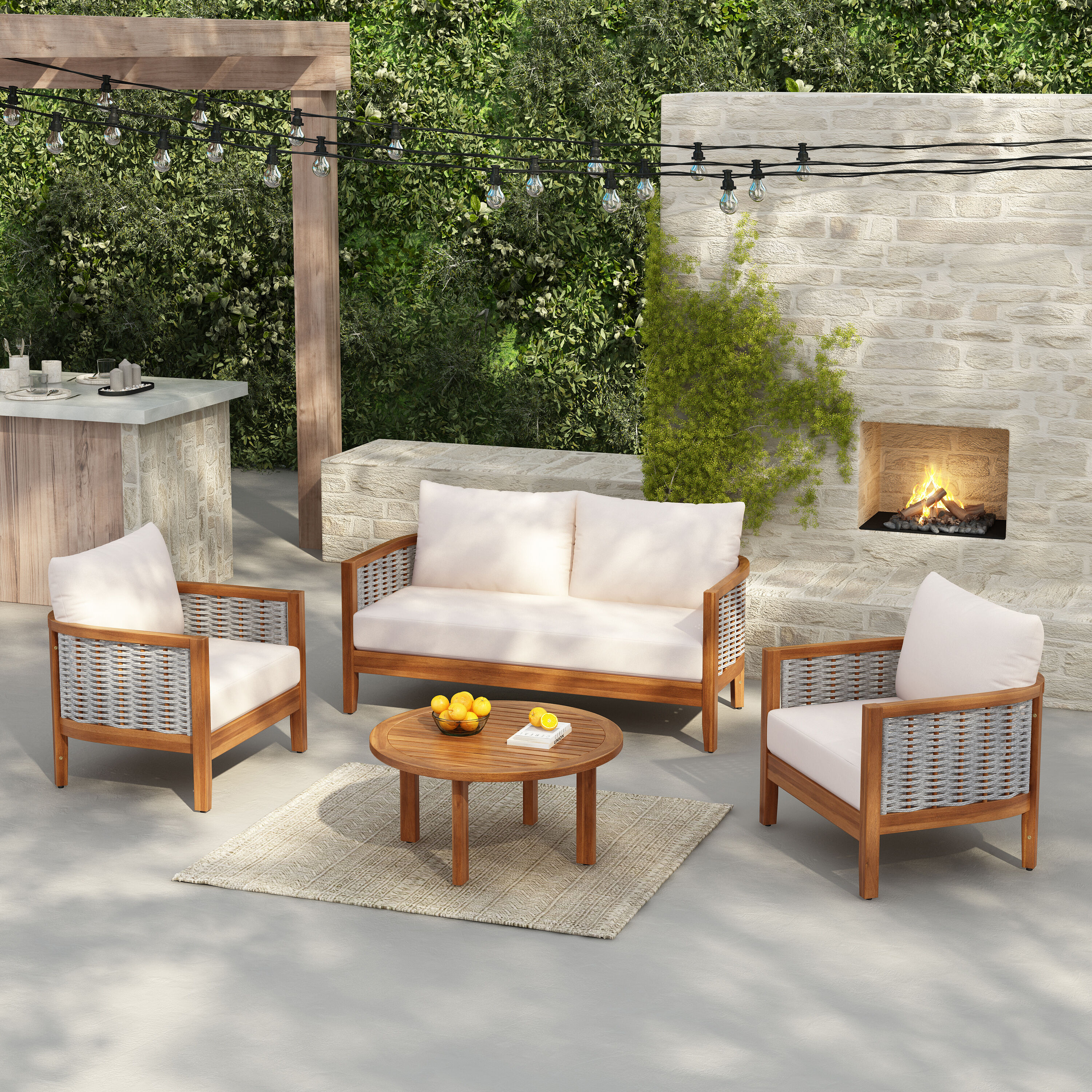 ModernLuxe Assembly Required Outdoor Unique Tub Design 4Seat Sofa Set with Woven Rope 4 Pieces Acacia Wood Patio Furniture Set Deep Seating with Soft | Lowe's