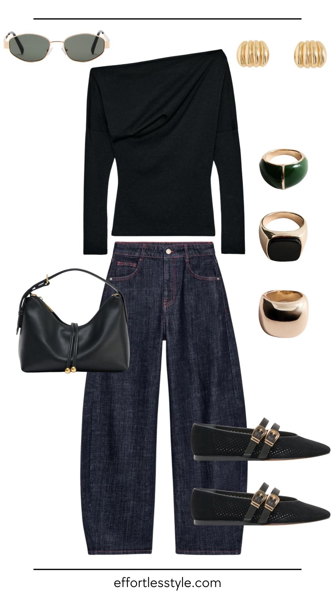 This look proves that neutral basics done well always feel elevated—no matter the price tag. The off-the-shoulder black top adds a subtle statement while staying classic. And the dark wash barrel jeans keep the silhouette modern. Dark denim reads more polished in winter, especially styled head-to-toe in black. Sleek accessories—black flats with gold hardware, a structured bag, and bold rings—create that pulled-together finish. When your color palette is tight and proportions are thoughtful, even affordable pieces look refined and expensive.

#LTKdayinmylife #LTKootd #LTKgrwm