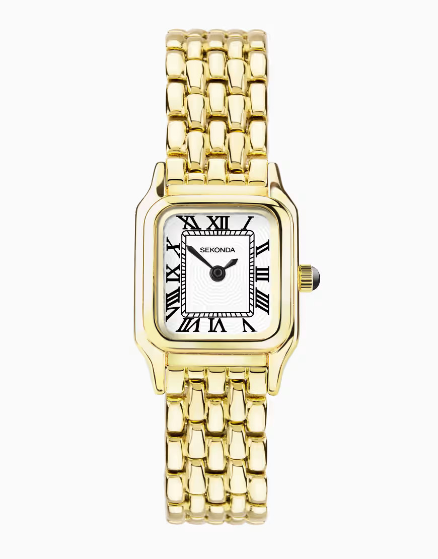 Sekonda – Monica – Analoge Damenuhr mit rechteckigem 20-mm-Gehäuse aus Goldlegierung, Armband aus Goldlegierung und Zifferblatt in Weiß | ASOS (Global)