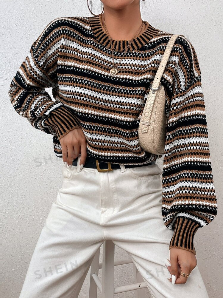 SHEIN Relaxiva Drop Shoulder Lantern Sleeve Striped Colorblock Sweater | SHEIN
