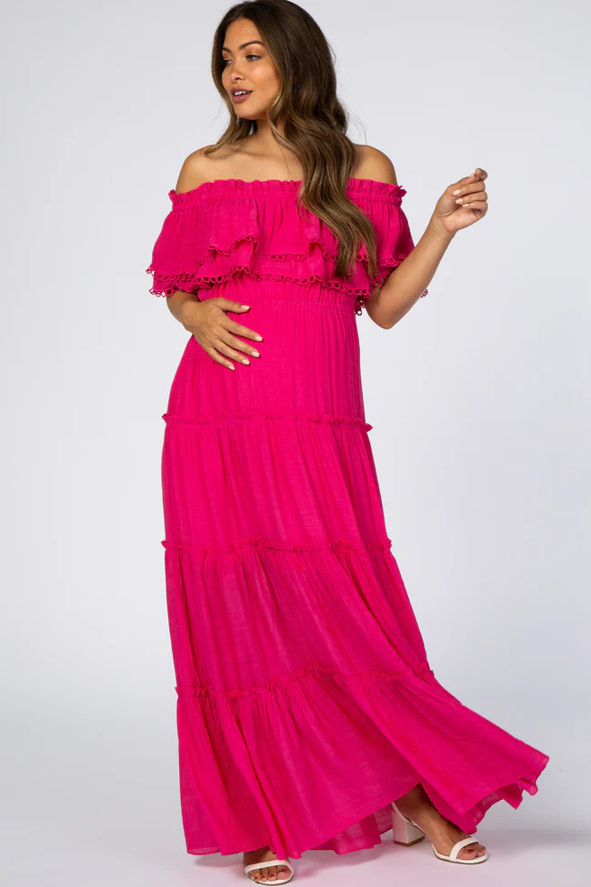Fuchsia Eyelet Off Shoulder Tiered Maternity Maxi Dress | PinkBlush Maternity