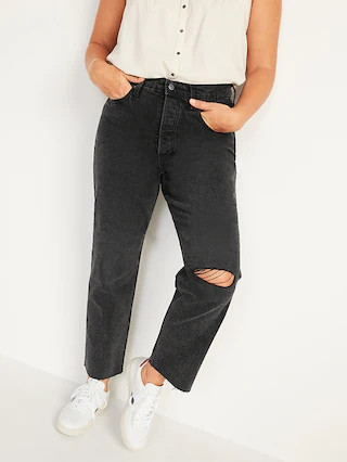 Extra High-Waisted Button-Fly Sky-Hi Straight Black Ripped Jeans for Women | Old Navy (US)