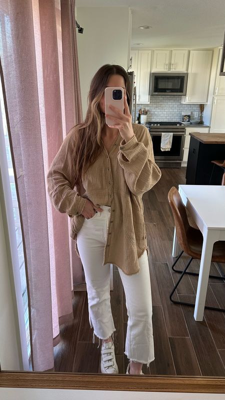 wearing small in button down (color is khaki), have had for years & they’re one of my favorite staples!  
also linked a look for less

jeans are old Abercrombie, linked similar styles! 

Nursing friendly 
Casual spring outfit 
White jeans 
Postpartum

#LTKSeasonal #LTKSpringSale