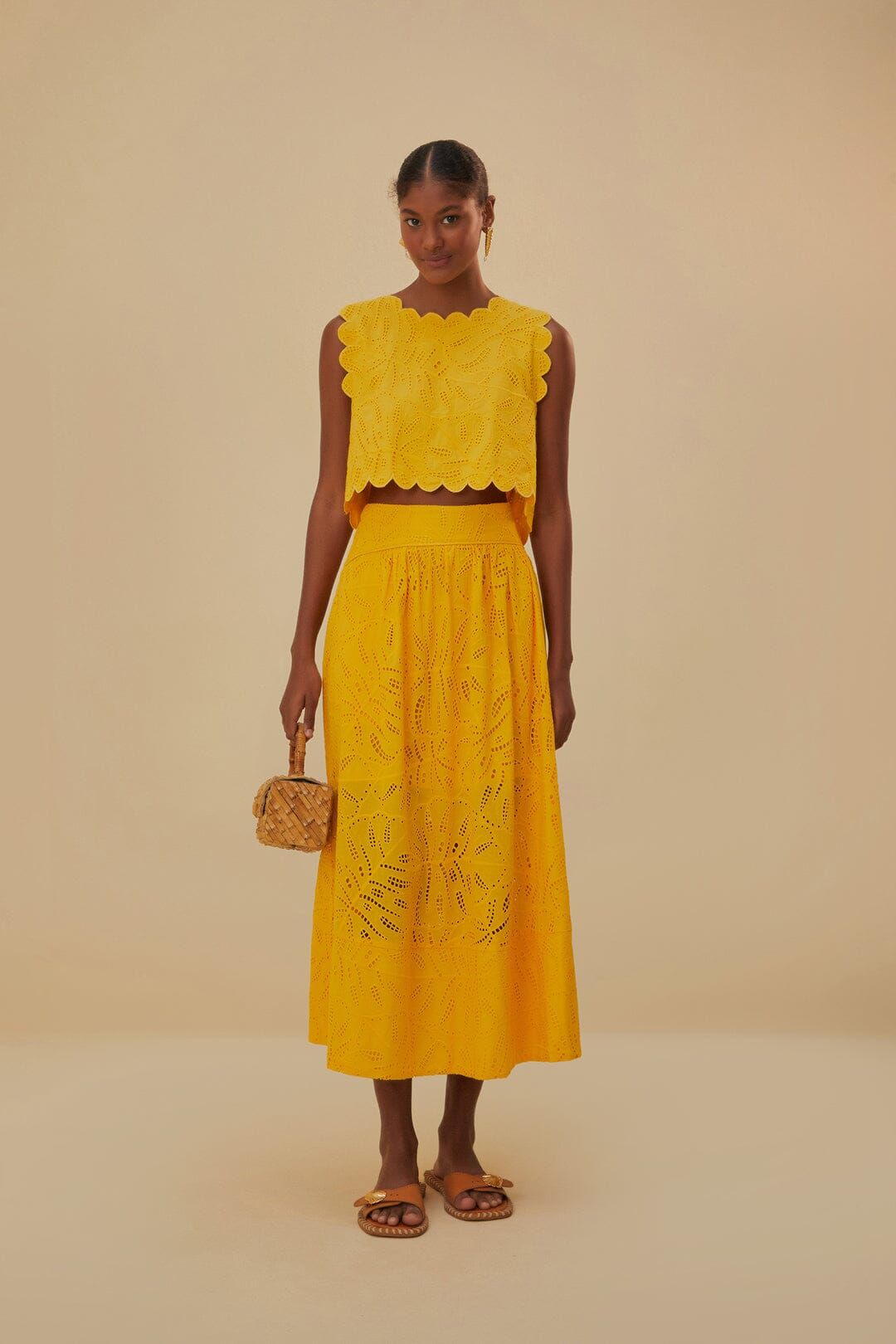 Yellow Monstera Eyelet Maxi Skirt | FarmRio