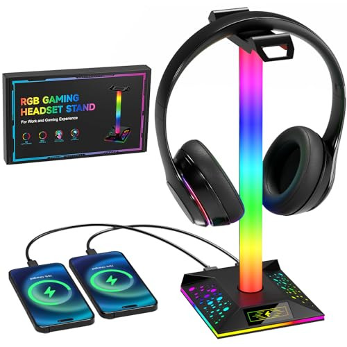 Hcman Headphone Stand Gaming Headset Holder RGB PC Gaming Accessories for Desk, Cool LED Headset Stand with 2 USB Charger for Gamer, Black | Amazon (US)