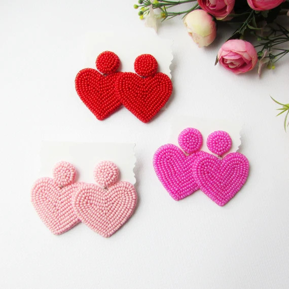 Heart earrings Beadwork earrings Red large earrings Valentine day Statements earrings Trending ea... | Etsy (US)