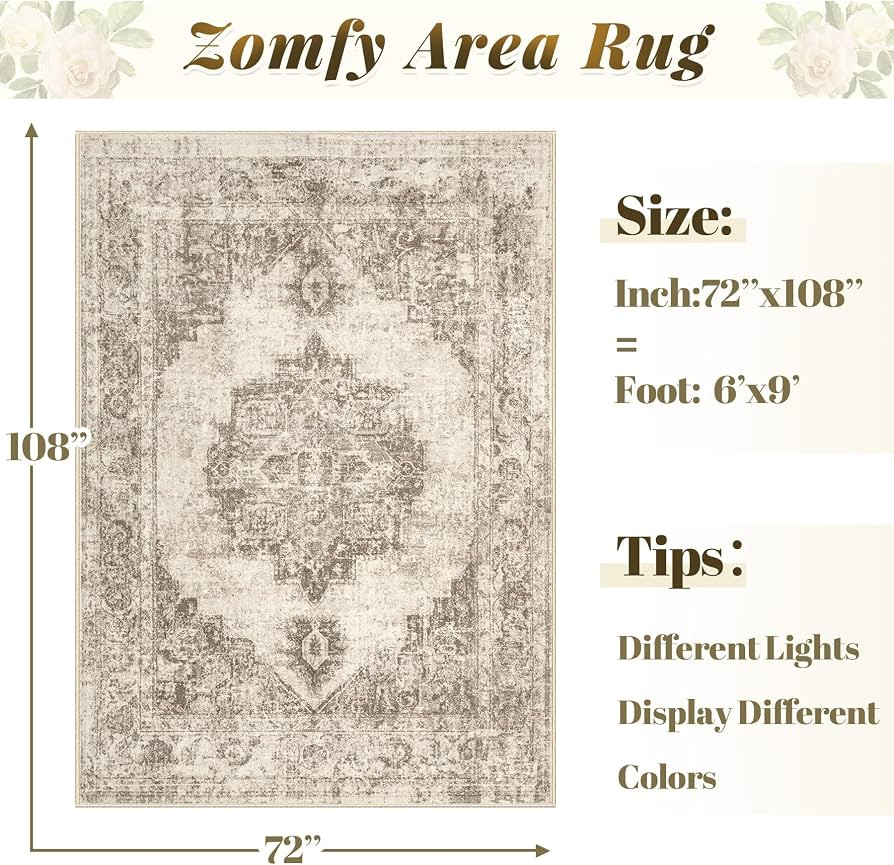 Area Rug 6x9 Vintage Rugs: Washable Indoor Medallion Rug Low Pile Distressed Floor Carpet Retro A... | Amazon (US)