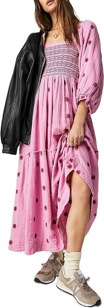 Women Bohemian Embroidered Floral Dress 2024 Casual Puff Long Sleeve Maxi Dresses Boho Flowy Ruff... | Amazon (US)