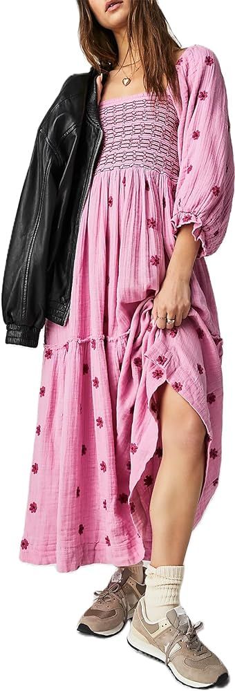 Women Bohemian Embroidered Floral Dress 2023 Casual Puff Long Sleeve Maxi Dresses Boho Flowy Ruff... | Amazon (US)