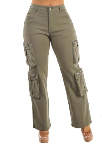Moda Xpress Womens Juniors Hyper Stretch Straight Wide Leg Olive Cargo Pants 10088L | Amazon (US)