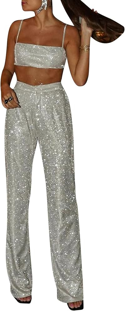 Women's Two Piece Outfit Sleeveless Sparkle Sequin Cami Crop Top Shiny Sequin Pants | Amazon (US)