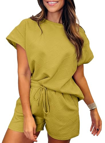SHEWIN Women Two Piece Outfits Sweat Suit Casual Short Sleeve Summer Tops Matching Loungewear Shorts 2025 Casual Comfy Lounge Sets for Women Loose fit Medium Yellow L | Amazon (US)