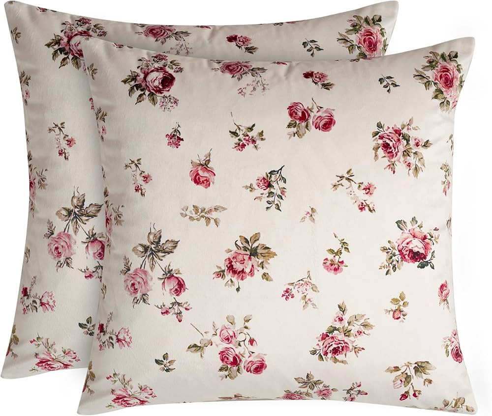 StangH Vintage Velvet Throw Pillow Covers for Bedroom, Red Rose Printed on Ivory Cushion Covers R... | Amazon (US)