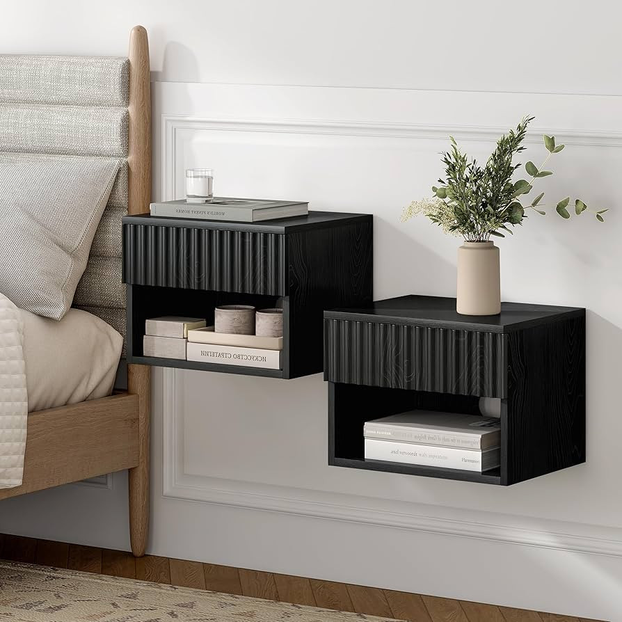 Floating nightstand Set of 2，Modern Fluted Bedside Tables with Drawer & Open Shelf Black | Amazon (US)