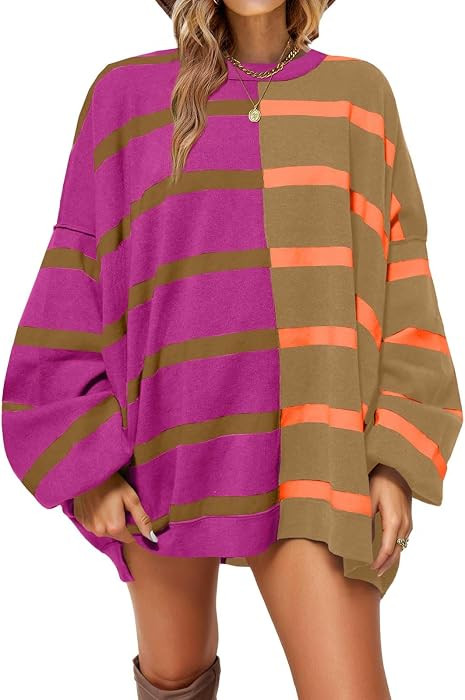 Fisoew Womens Striped Pullover Sweater Crew Neck Long Sleeve Loose Sweaters | Amazon (US)