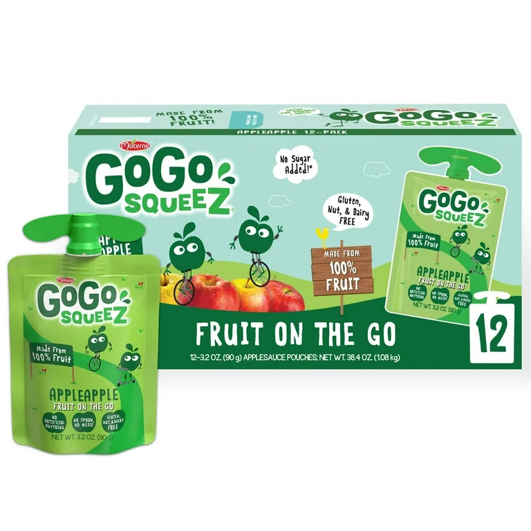 GoGo squeeZ Applesauce and Fruit Puree, Apple Apple Snack Pouches, 3.2 oz, 12 Pack - Walmart.com | Walmart (US)