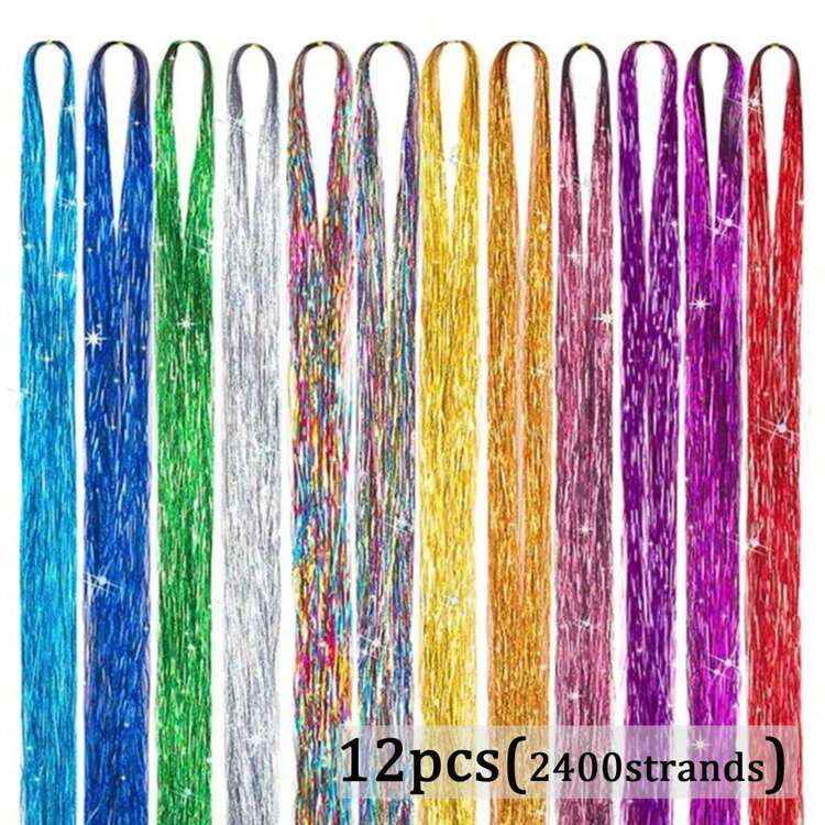 Hair Tinsel Kit, 12 Colors Tinsel Hair Extensions With Tools, Glitter Fairy Hair Sparkingly Hairp... | SHEIN