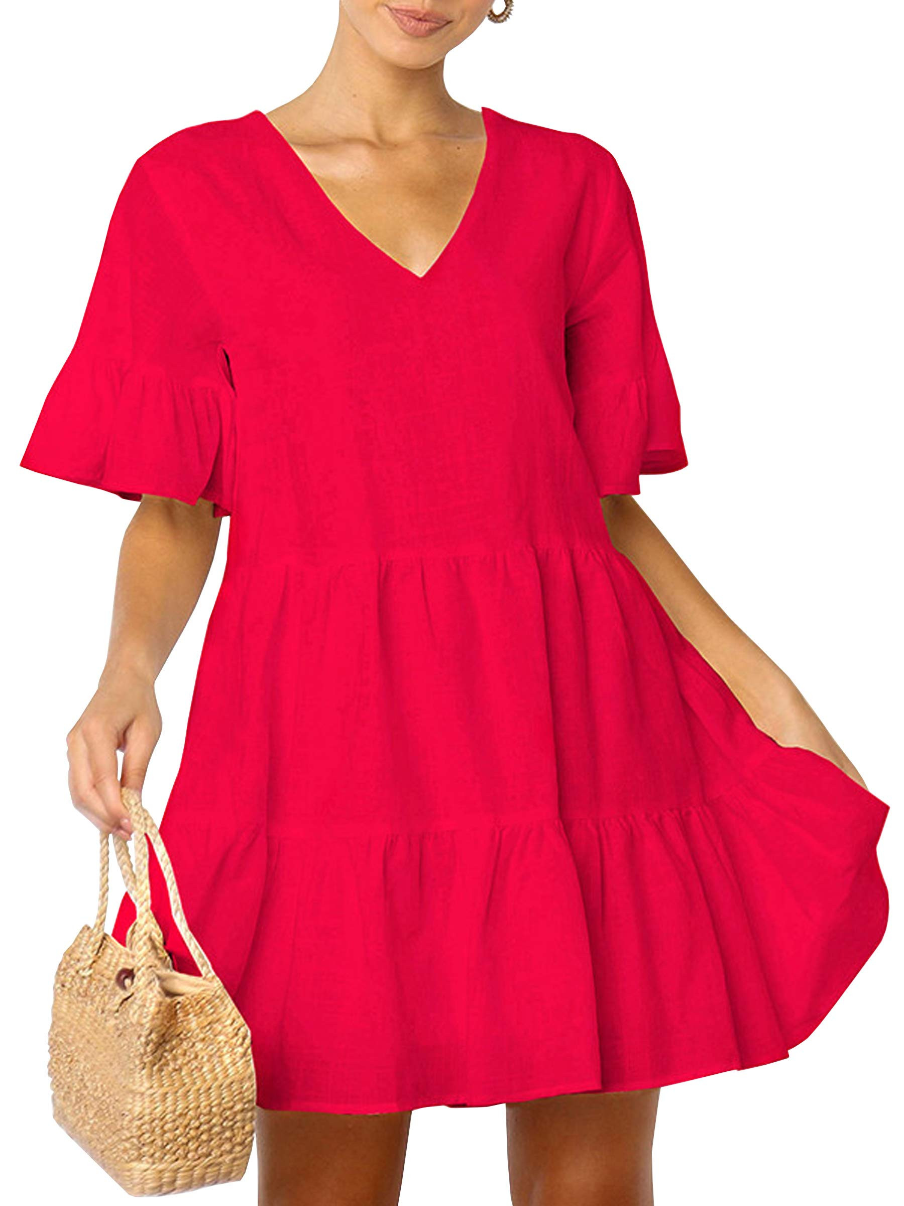 Women's V Neck Button Down Leopard Floral Dress Short Sleeves Loose Top Dresses with Pockets | Amazon (US)