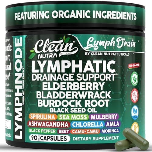 Organic Lymphatic Drainage Supplements | Elderberry Bladderwrack Burdock Root Black Seed Oil Spirulina Sea Moss Ashwagandha Chlorella Amla Beet Moringa Chlorophyll Lymph System Capsules By Clean Nutra | Amazon (US)