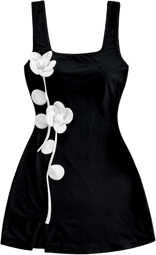 MakeMeChic Women's Fall Tank Dress 3D Flower Square Neck Split Sleeveless Party Mini Dresses | Amazon (US)