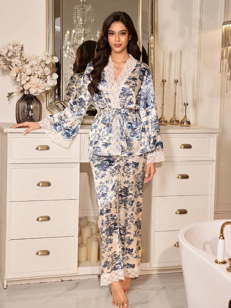 SHEIN 2pcs Women Sleepwear Set, Elegant Satin Digital Printed Long Sleeve Top And Long Pants With Lace Trim, Suitable For All Seasons, Can Be Worn Outerwear | SHEIN